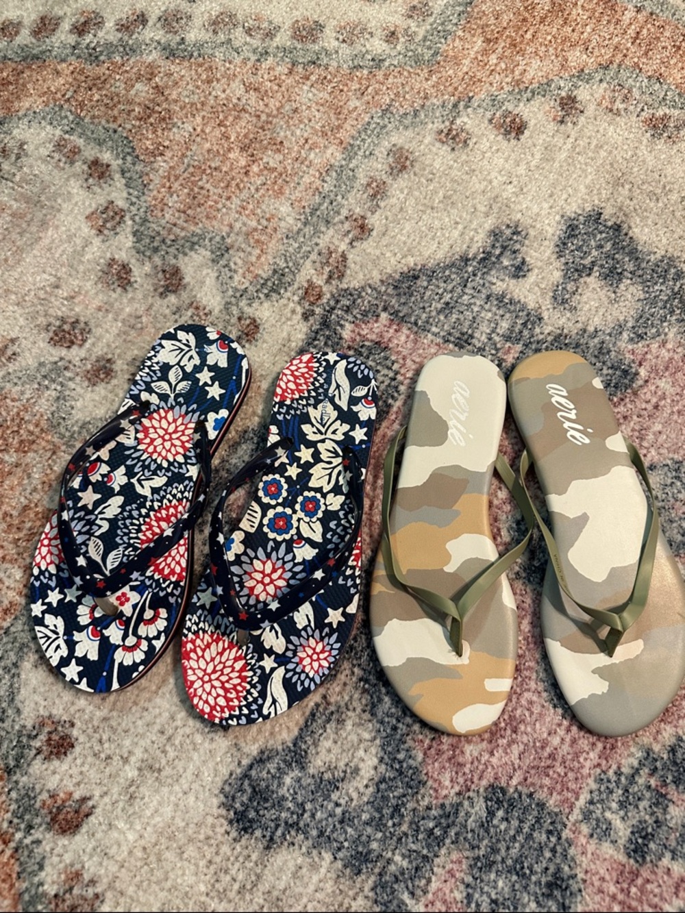 2 Pair of Flip Flops- Aerie Camo design and Vera Bradley Navy/Red/White